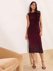 Lipsy Burgundy Red Lace Hem Midi Bodycon Dress - Image 3 of 5