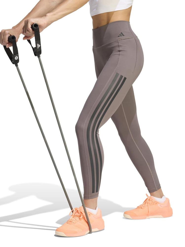 adidas Brown Optime Workout 3-Stripes 7/8 Leggings - Image 1 of 7 adidas Brown Optime Workout 3-Stripes 7/8 Leggings - Image 1 of 7