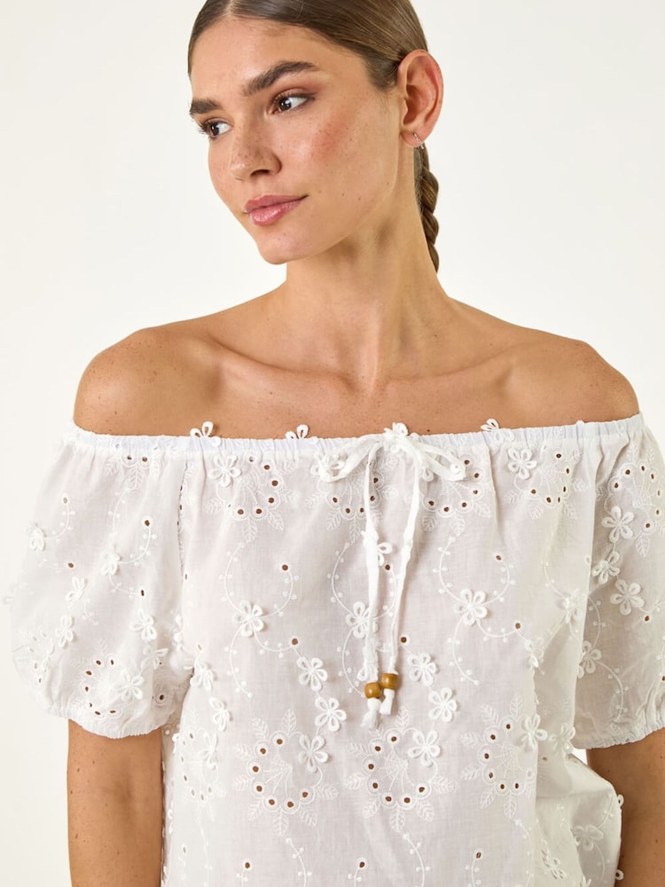 Roman White Floral Embroidered Bardot Top - Image 1 of 5