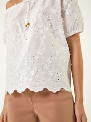 Roman White Floral Embroidered Bardot Top - Image 5 of 5