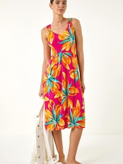 Roman Pink Floral Print Shirred Back Midi Dress - Image 1 of 5