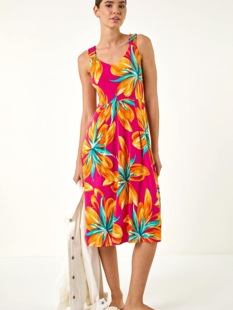 Roman Pink Floral Print Shirred Back Midi Dress - Image 1 of 5