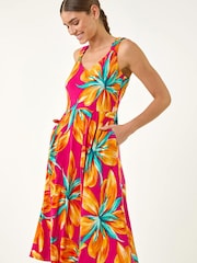 Roman Pink Floral Print Shirred Back Midi Dress - Image 2 of 5