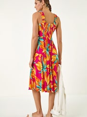 Roman Pink Floral Print Shirred Back Midi Dress - Image 3 of 5