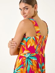 Roman Pink Floral Print Shirred Back Midi Dress - Image 4 of 5