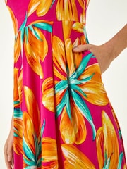 Roman Pink Floral Print Shirred Back Midi Dress - Image 5 of 5