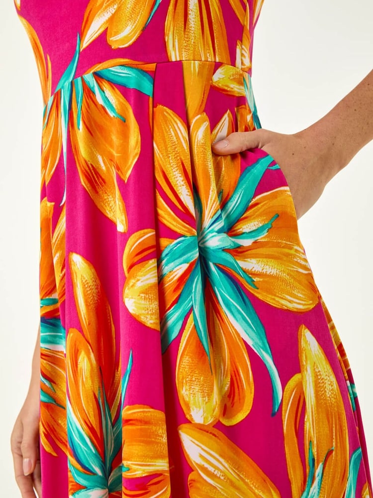 Roman Pink Floral Print Shirred Back Midi Dress - Image 5 of 5