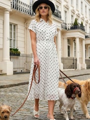 Roman White Spot Print Pleated Shirt Midi Dress - Image 1 of 5
