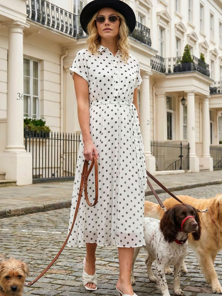 Roman White Spot Print Pleated Shirt Midi Dress - Image 1 of 5