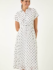 Roman White Spot Print Pleated Shirt Midi Dress - Image 4 of 5