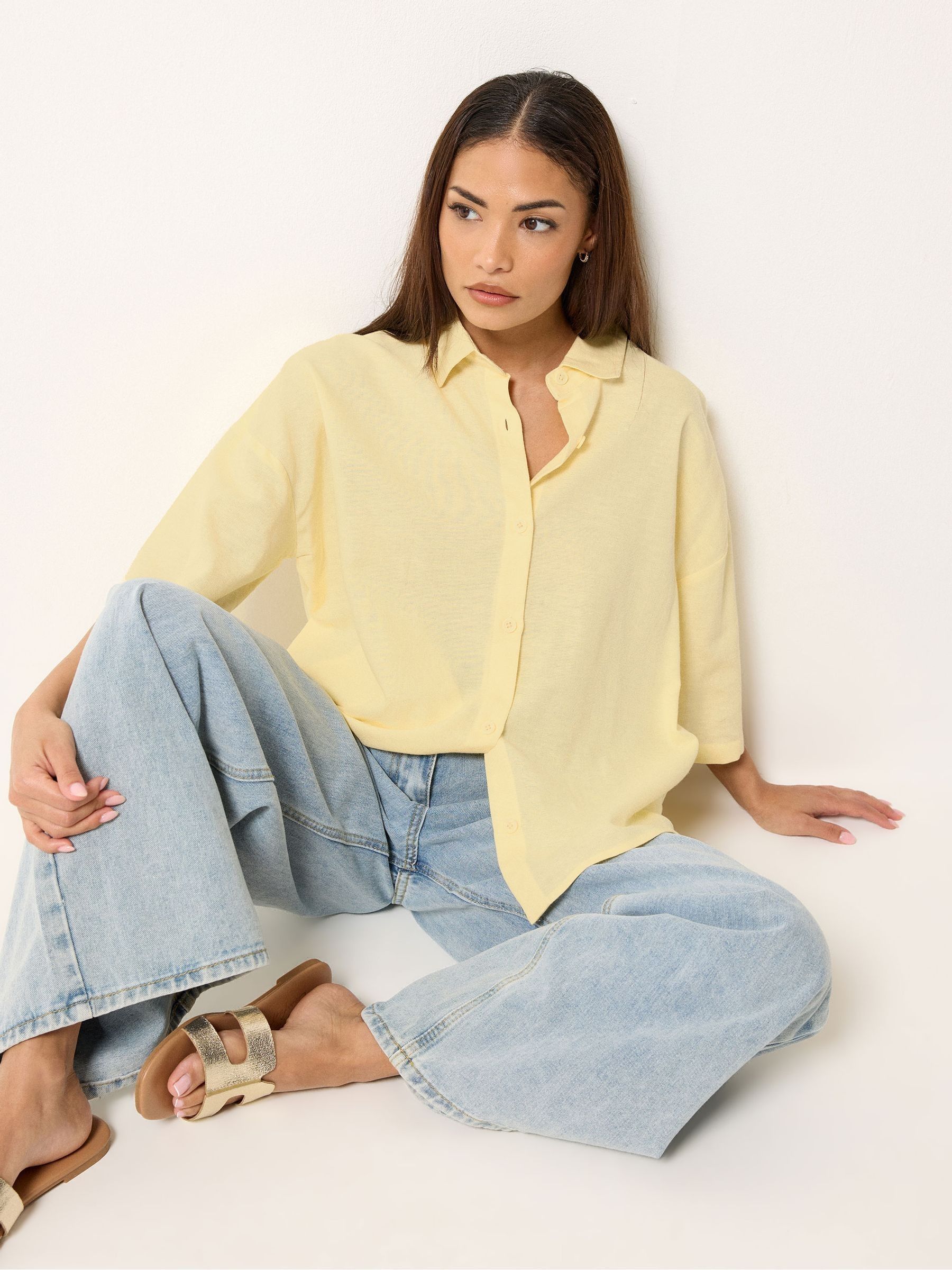 Buy PixieGirl Petite Yellow Linen Blend Short Sleeve Shirt from