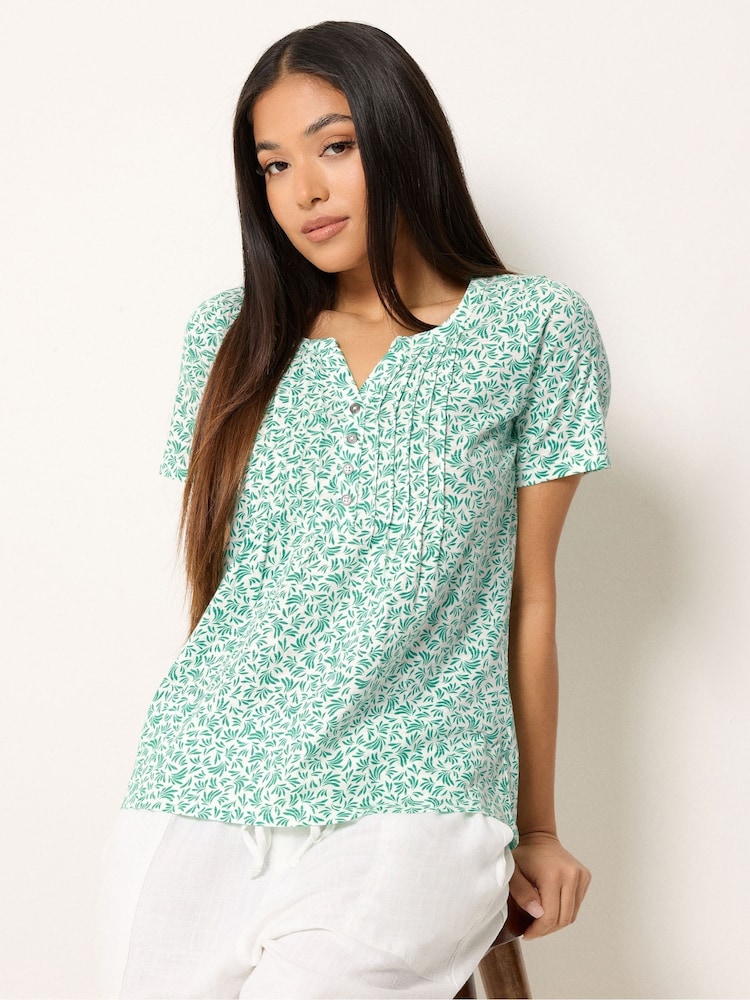 M&Co White Petite Leaf Print Cotton Henley Top - Image 1 of 5 M&Co White Petite Leaf Print Cotton Henley Top - Image 1 of 5