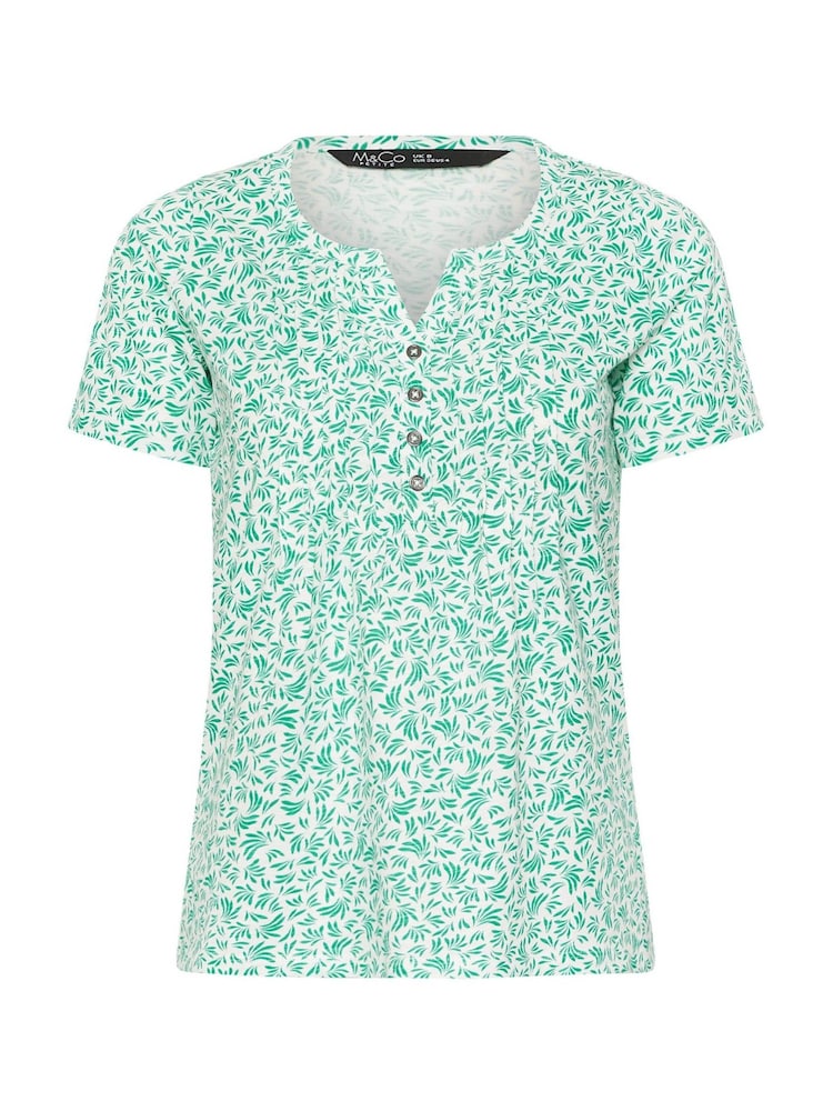 M&Co White Petite Leaf Print Cotton Henley Top - Image 5 of 5 M&Co White Petite Leaf Print Cotton Henley Top - Image 5 of 5