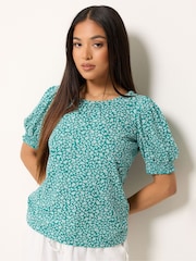 M&Co Green Petite Ditsy Floral Puff Sleeve Top - Image 1 of 5