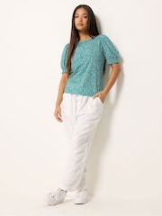 M&Co Green Petite Ditsy Floral Puff Sleeve Top - Image 2 of 5