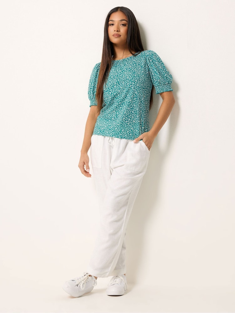 M&Co Green Petite Ditsy Floral Puff Sleeve Top - Image 2 of 5