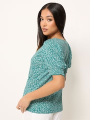 M&Co Green Petite Ditsy Floral Puff Sleeve Top - Image 3 of 5