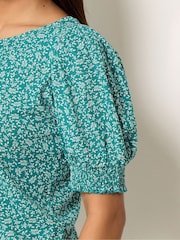 M&Co Green Petite Ditsy Floral Puff Sleeve Top - Image 4 of 5