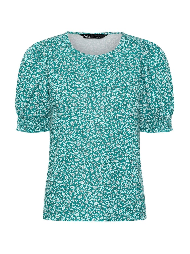 M&Co Green Petite Ditsy Floral Puff Sleeve Top - Image 5 of 5