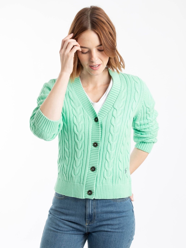 Weird Fish Green Constance Cable Knit Cardigan - Image 1 of 8 Weird Fish Green Constance Cable Knit Cardigan - Image 1 of 8