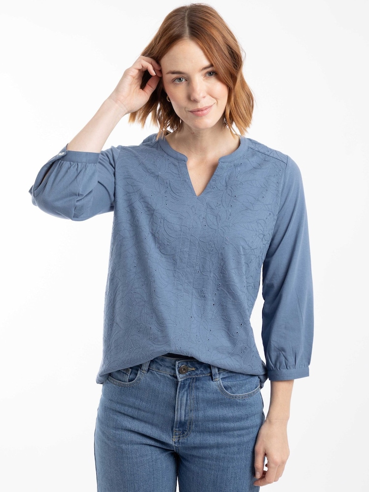 Weird Fish Blue Mabel Broidery 3/4 Sleeve Top - Image 1 of 7