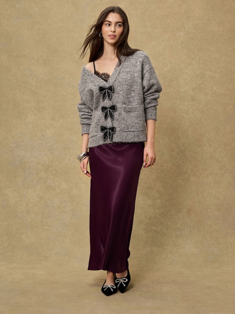 Burgundy Red Satin Midi Skirt - Image 1 of 7 Burgundy Red Satin Midi Skirt - Image 1 of 7
