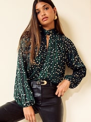 Friends Like These Green and Gold Foil Chiffon High Neck Long Sleeve Blouse - Image 1 of 5