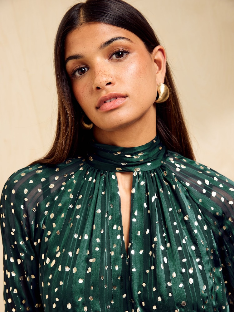 Friends Like These Green and Gold Foil Chiffon High Neck Long Sleeve Blouse - Image 2 of 5