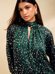 Friends Like These Green and Gold Foil Chiffon High Neck Long Sleeve Blouse - Image 4 of 5