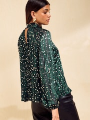 Friends Like These Green and Gold Foil Chiffon High Neck Long Sleeve Blouse - Image 5 of 5
