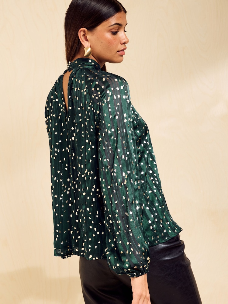 Friends Like These Green and Gold Foil Chiffon High Neck Long Sleeve Blouse - Image 5 of 5
