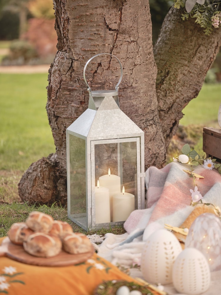 Lights4fun Silver Hayle Large Metal Lantern with TruGlow Candle Trio - Image 1 of 6