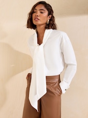 Friends Like These Tie Neck Long Sleeve Poplin Shirt - Imaginea 3 din 4