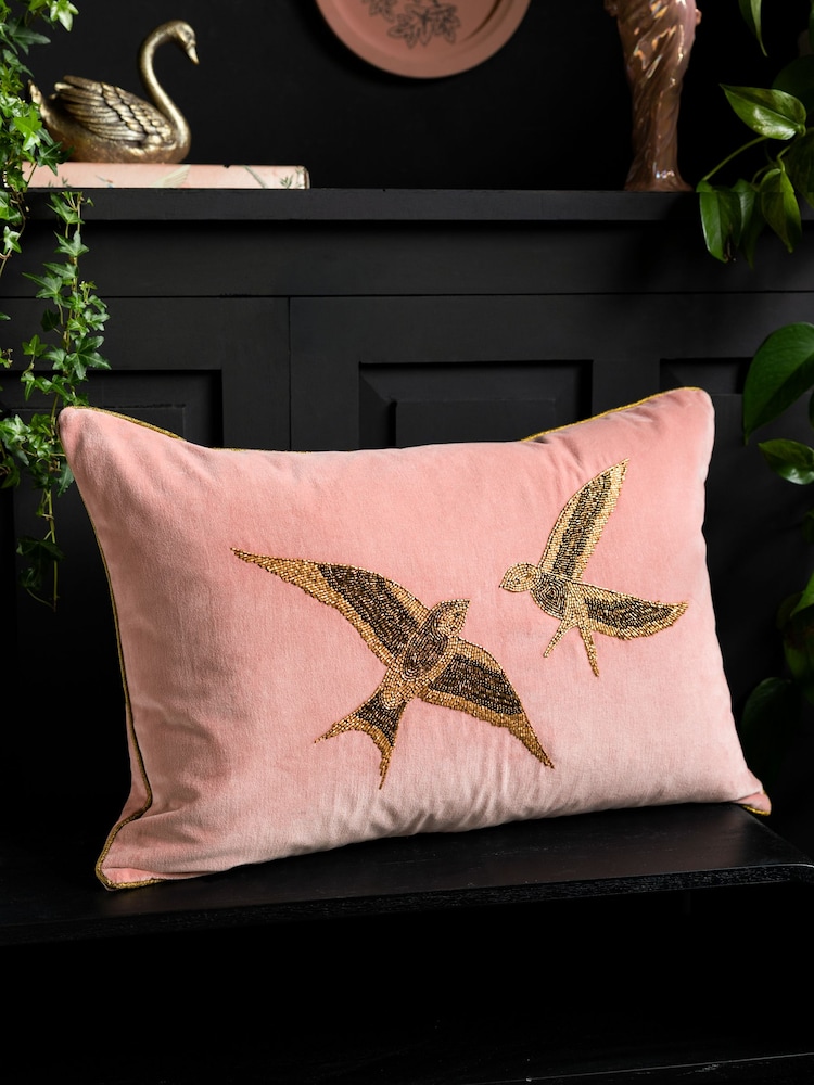 Rockett St George Rose Beaded Love Birds Piped Cushion - Image 1 of 4