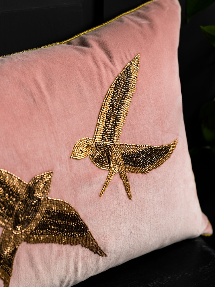 Rockett St George Rose Beaded Love Birds Piped Cushion - Image 2 of 4