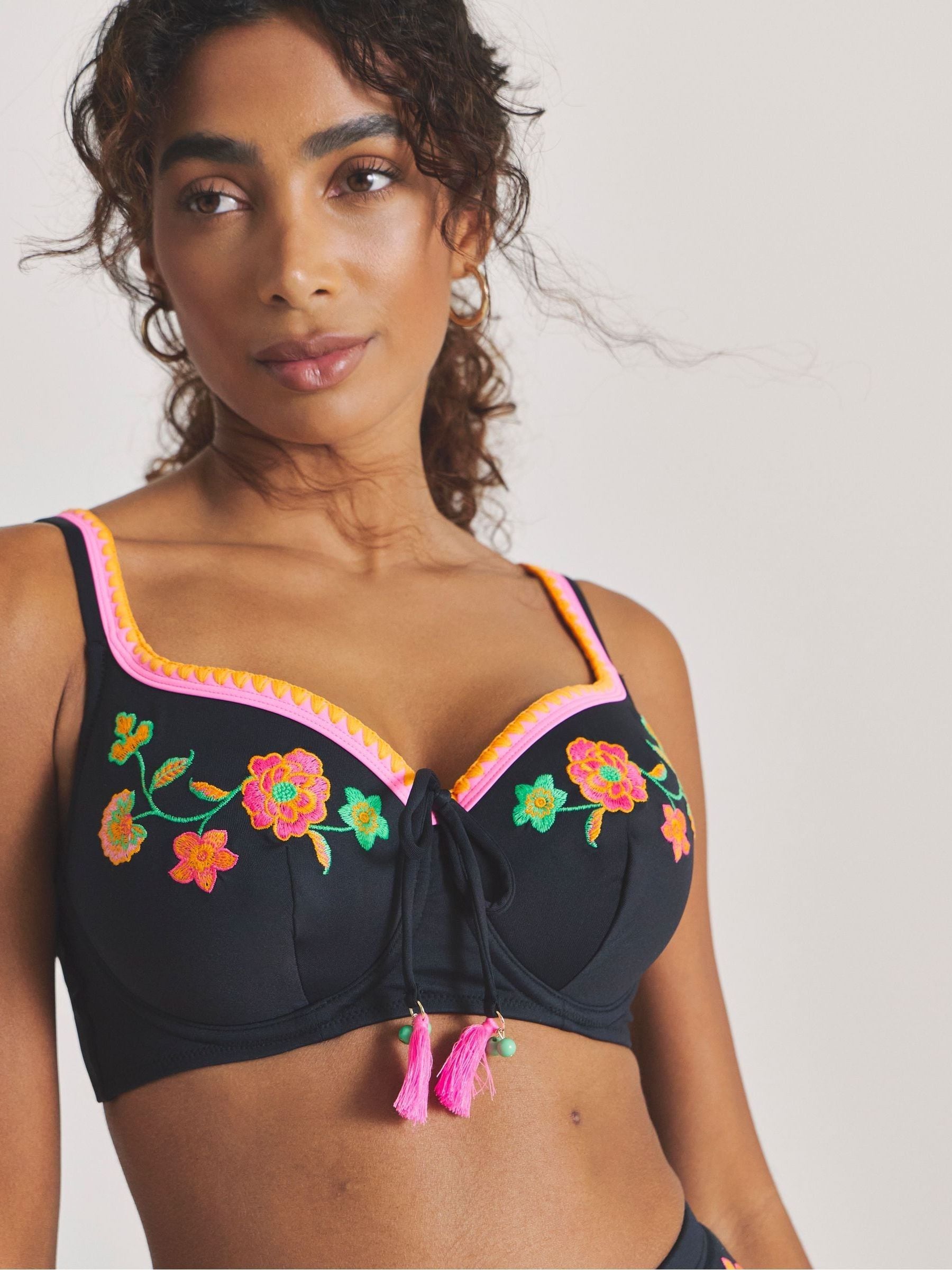 Buy Figleaves Black Underwired Floral Embroidery Bikini Top from