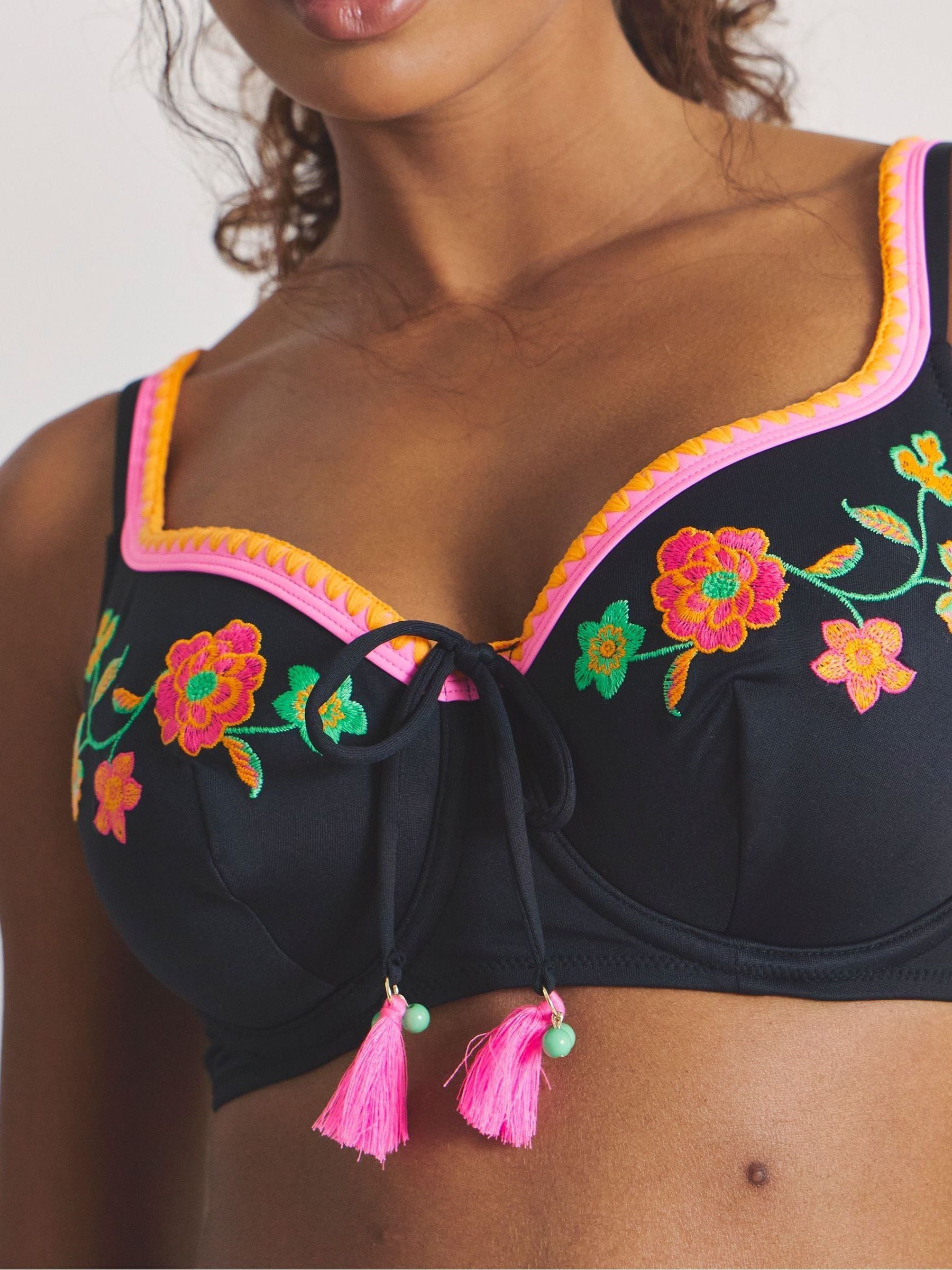 Buy Figleaves Black Underwired Floral Embroidery Bikini Top from