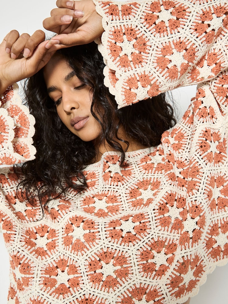 Apricot Orange Crochet Hexagons Bell Sleeve Top - Image 1 of 4