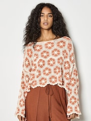 Apricot Orange Crochet Hexagons Bell Sleeve Top - Image 2 of 4