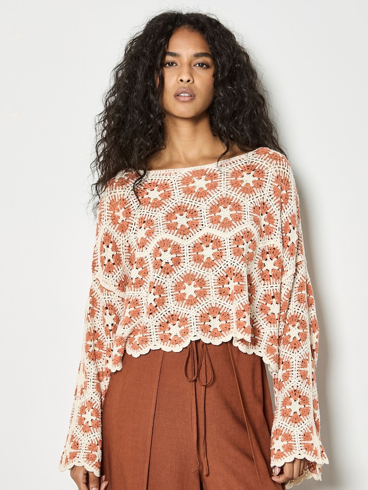 Apricot Orange Crochet Hexagons Bell Sleeve Top - Image 2 of 4