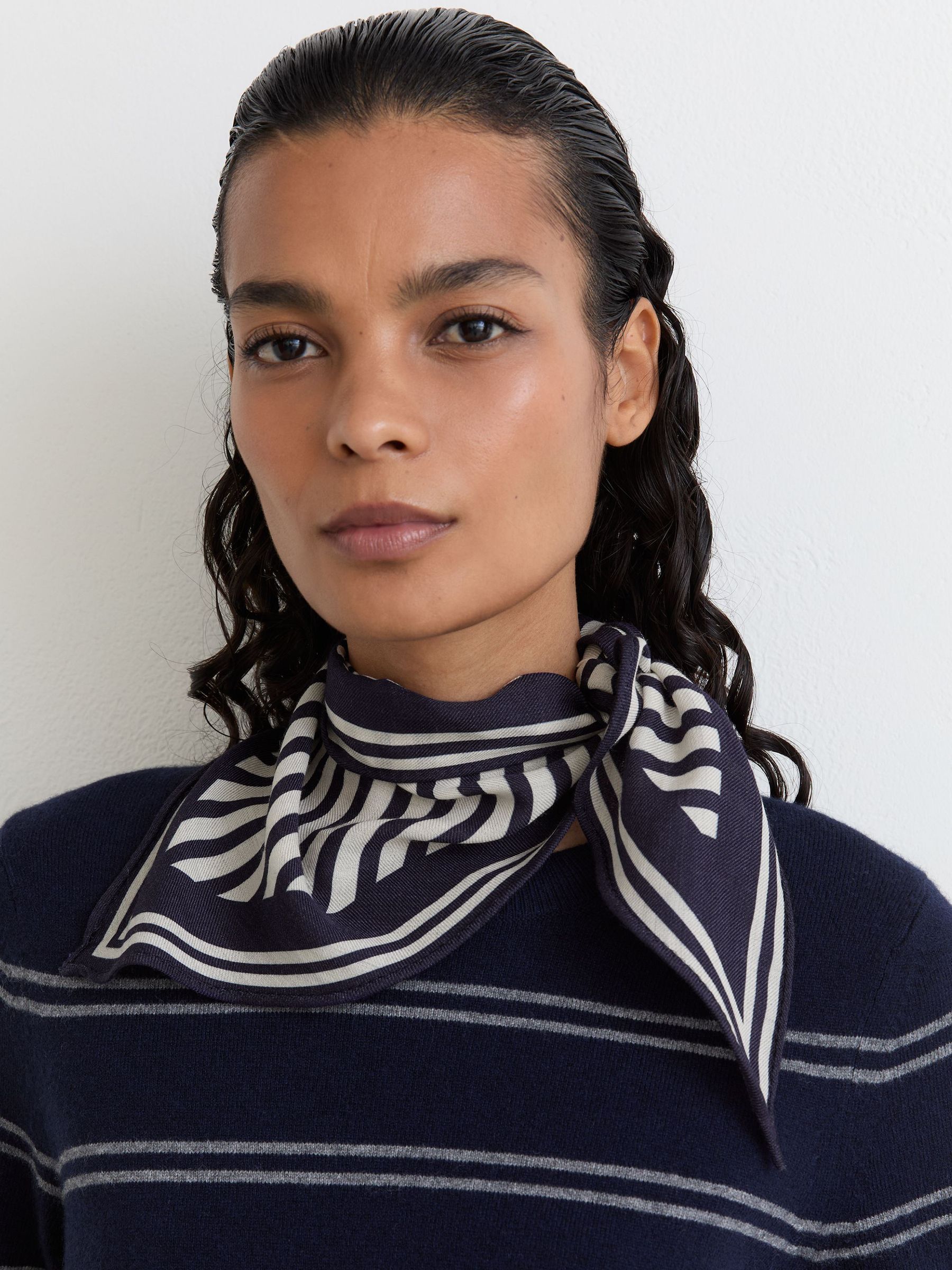 Buy Reiss Navy/White Trinny Wool-Silk Stripe Triangle Scarf from