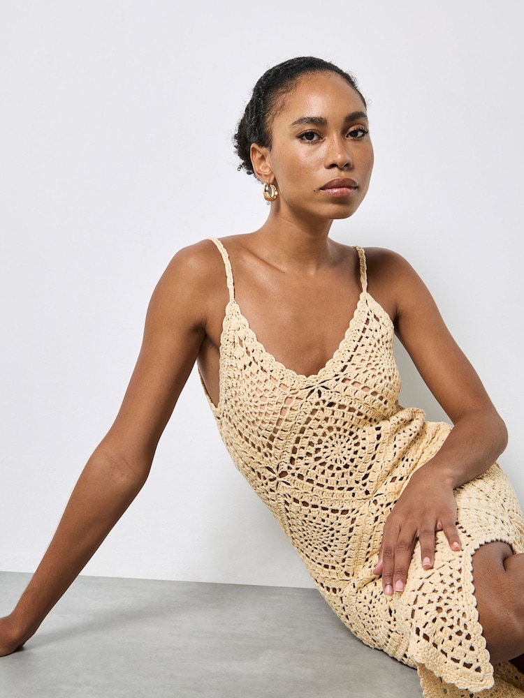 Apricot Hand Knit Crochet Midi Dress - Image 5 of 5