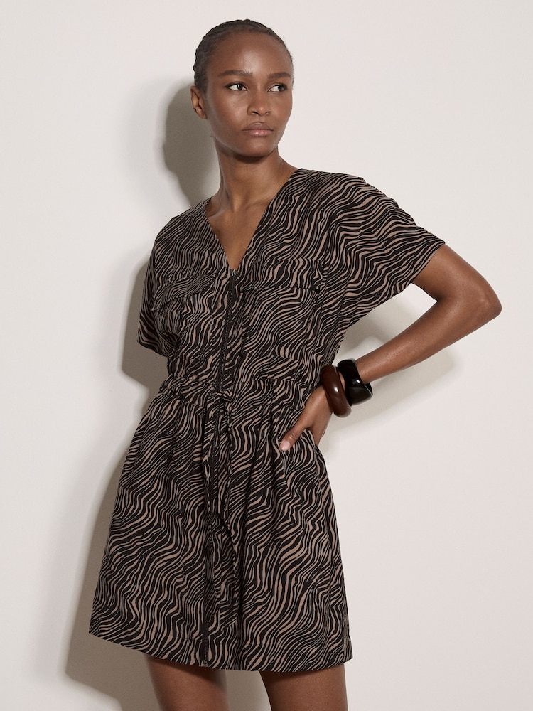 Apricot Black Zebra Print Zip-Down Mini Dress - Image 1 of 4