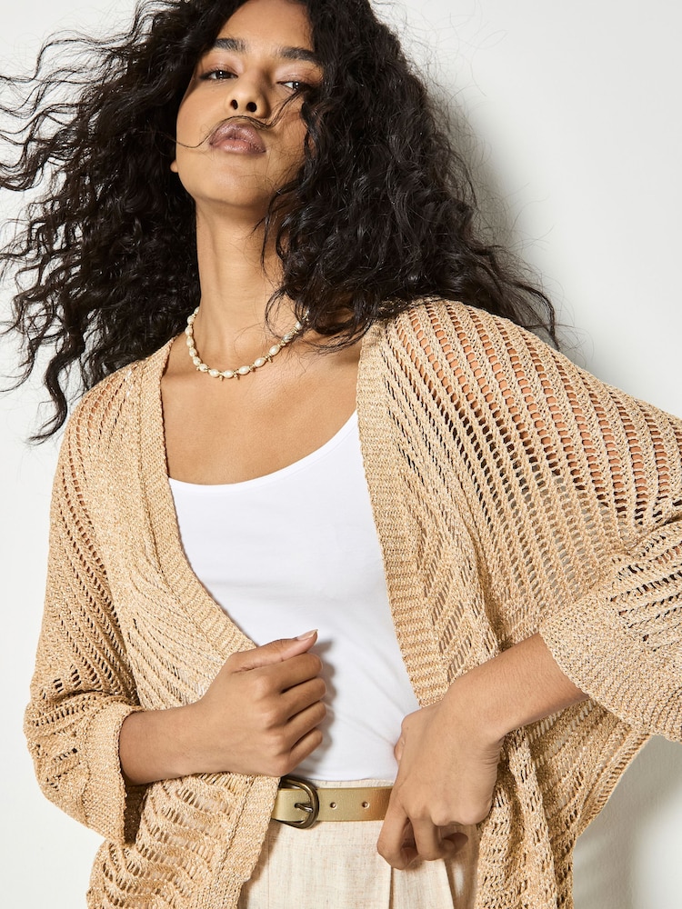 Apricot Yellow Gold Shimmer Open Knit Cardigan - Image 1 of 4