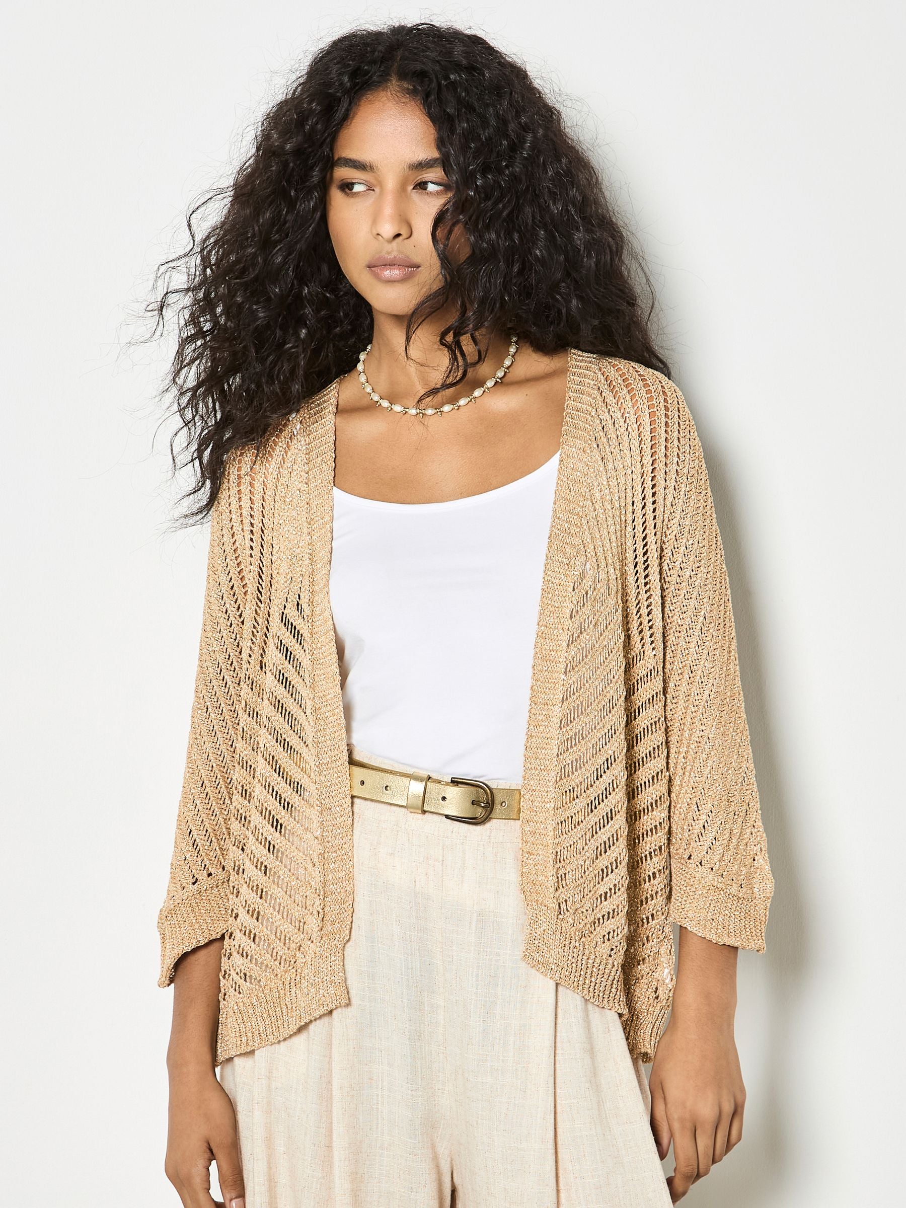 トップス GOLDEN  KNIT CARDIGAN Buy Apricot Yellow Gold Shimmer Open Knit Cardigan from the Next
