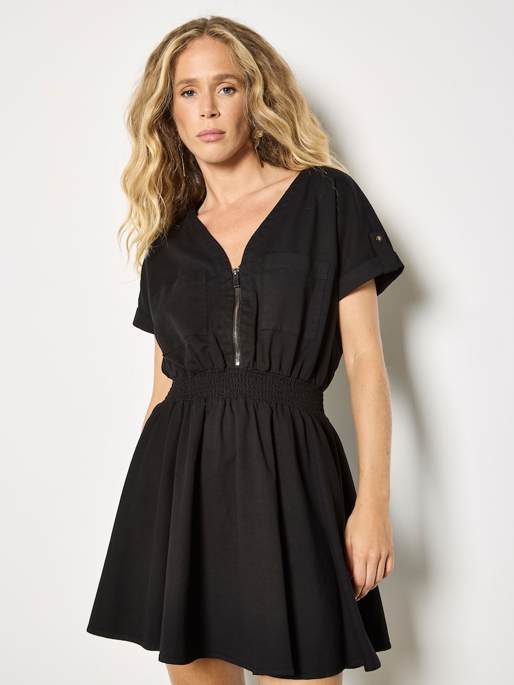 Apricot Black Zip Detail Skater Mini Dress - Image 1 of 4