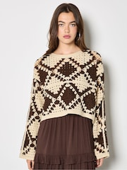 Apricot Natural Crochet Diamonds Cropped Jumper - Image 2 of 4