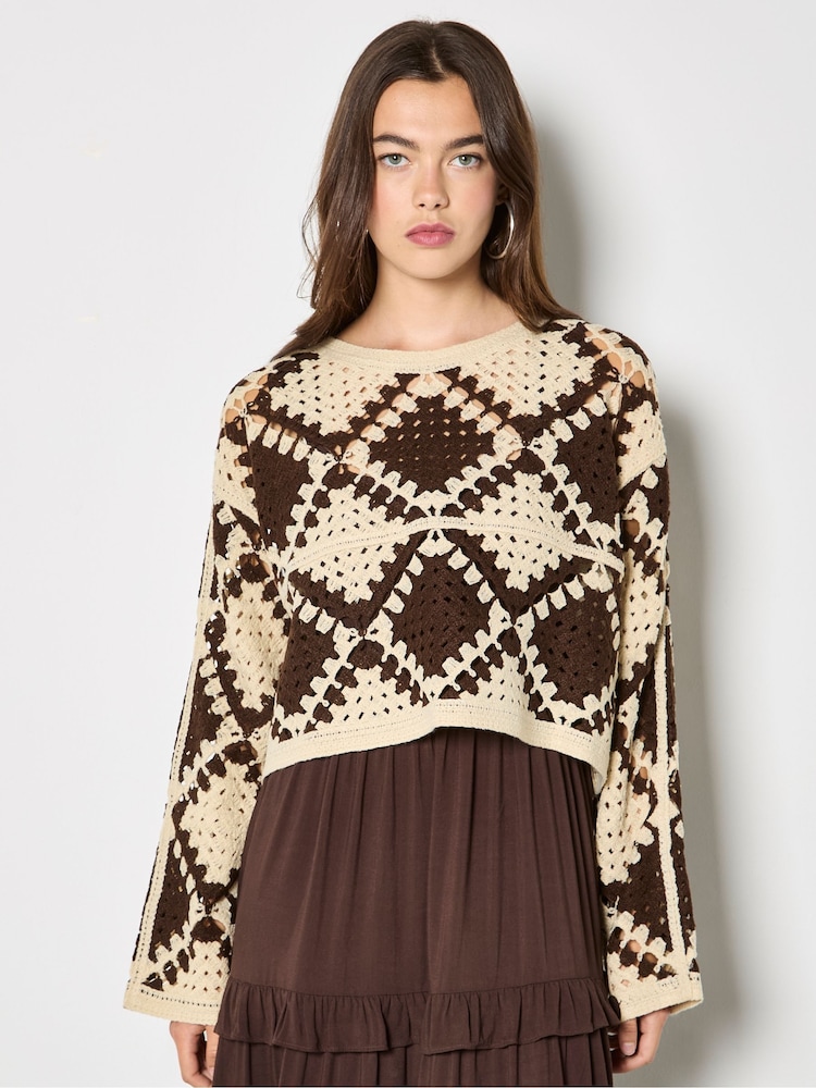 Apricot Natural Crochet Diamonds Cropped Jumper - Image 2 of 4