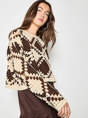 Apricot Natural Crochet Diamonds Cropped Jumper - Image 3 of 4