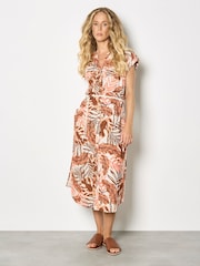 Apricot Brown Leaf Shirt Midi Dress - Image 1 of 4